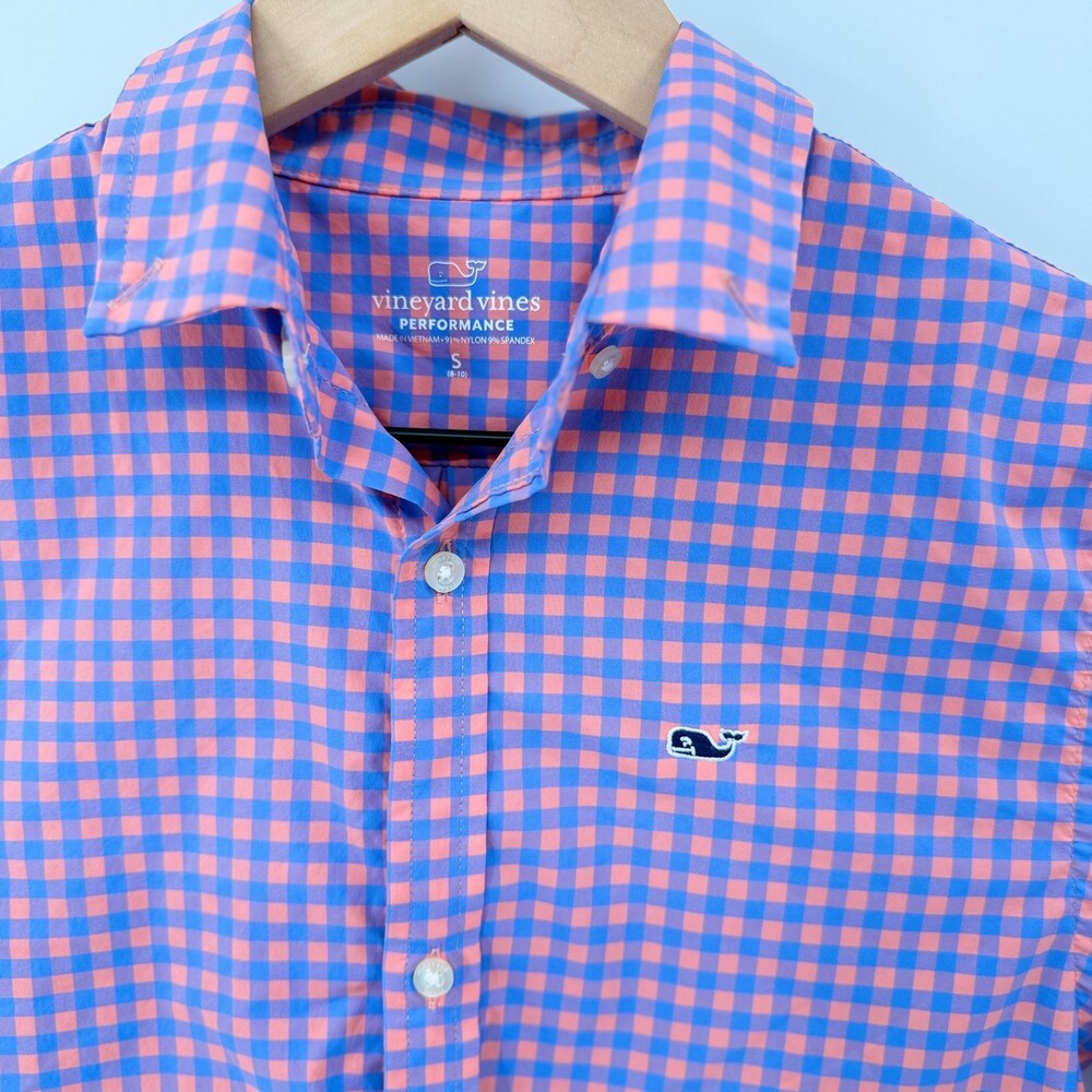 Vineyard Vines Boys Performance Shirt Small S 8-10 Gingham Plaid Button Up Blue - Picture 6 of 6